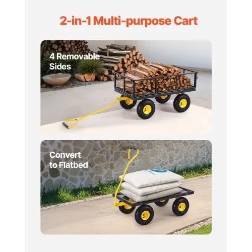 900 Lbs Heavy Duty Steel Garden Cart, Garden Wagon Cart on Wheels, Outdoor Metal Yard Utility Wagon Carts with 10" Tires and Mesh Removable Sides(Convert to Flatbed) and 180 Rotating Handle