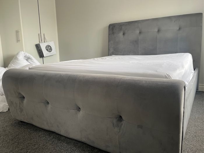 King size bed - grey suede material, high headboard