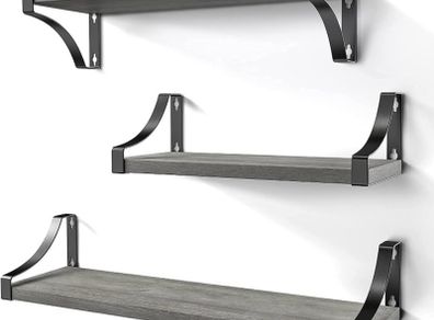 Floating Shelves Wall Mounted Shelf, Gray Paulownia Wood Wall Shelves, Wooden Shelves Set of 3 for Bedroom, Bathroom, Living Room, Kitchen, Home Office, Laundry room (FREE POSTAGE)