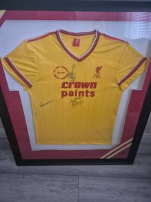 Rare Framed & Signed Liverpool FC jersey Retro Shirt  Autographed by Dalglish, Hansen & Whelan