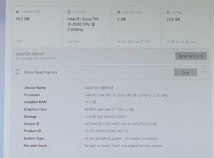 hp 8200 16gb ram gt 1030 i5 2500 4 cores 224gb ssd