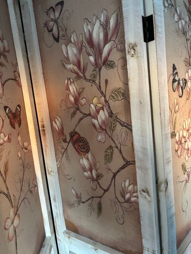 Three-panel room divider with floral and butterfly print