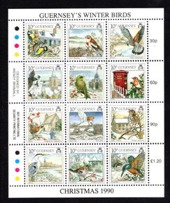 1990 Guernsey Christmas "Guernsey's Winter Birds" Sheet Commemorative Stamps Mint Never Hinged (MNH)