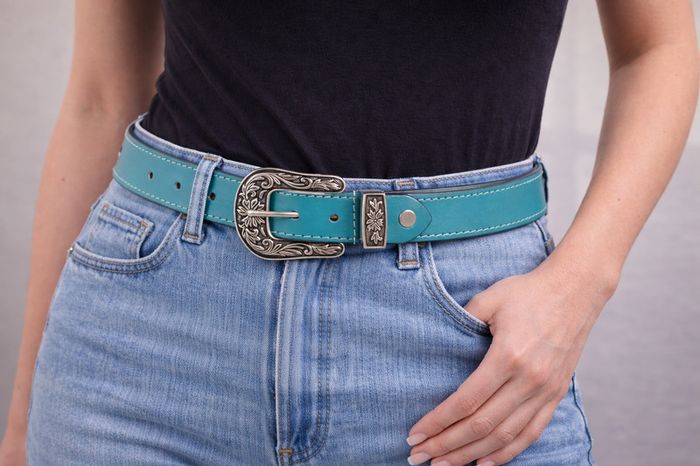 Unisex Premium Teal Genuine Leather Belt Vintage Engraved Silver Buckle