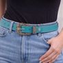 Unisex Premium Teal Genuine Leather Belt Vintage Engraved Silver Buckle Image 5