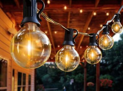 Outdoor LED String Lights Mains Powered 15M/50FT, G40 Waterproof Patio Bistro Hanging Lights with 1W 26 Plastic Bulbs 1 Spare MULTIPLE SIZES AVAILABLE, SEE DESCRIPTION (FREE POSTAGE)