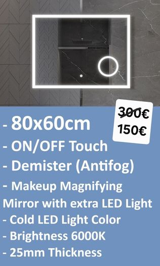 LED Bathroom Mirrors Selection Clock Speakers Bluetooth Demister Antifog Wi-Fi Weather Station Makeup