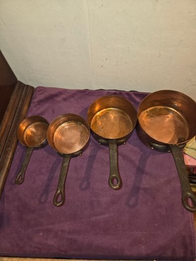 Set of 4 Antique French Copper Saucepans
