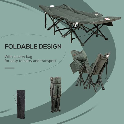 Foldable Sun Lounger, Padded Patio Camping Bed with Carry Bag, Magazine Bag and Cup Holder for Outdoor, Garden, Porch, Grey