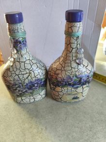Set of 2 decorative bottles handmade decorative glass bottles featuring a Viola blue flowers decoupage design and a crackled paint finish.