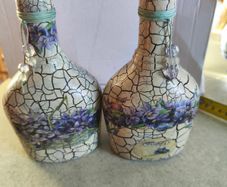 Set of 2 decorative bottles handmade decorative glass bottles featuring a Viola blue flowers decoupage design and a crackled paint finish.