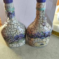 Set of 2 decorative bottles handmade decorative glass bottles featuring a Viola blue flowers decoupage design and a crackled paint finish.