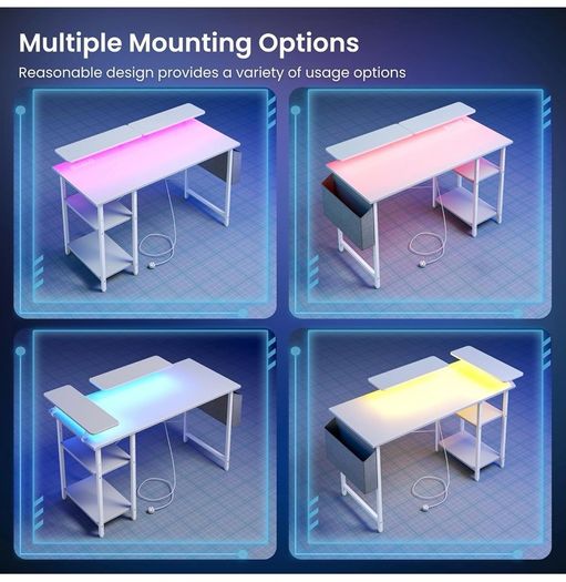 Gaming Desk with LED Lights & Power Outlets, Reversible