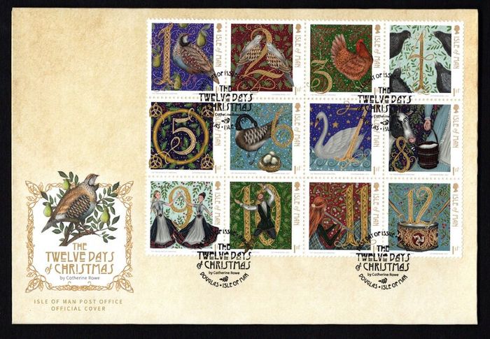 2017 Isle of Man Christmas; Twelve Days of Christmas by Catherine Rowe Commemorative Stamps First Day Cover (FDC)