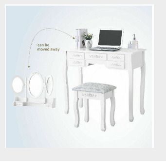 Elegant White Dressing Table 3 Oval Mirror with 7 Drawers