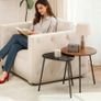 Set of 2 nesting coffee tables, contemporary metal frame side tables, round and triangular, walnut and black Image 4