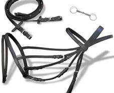 Leather Flash Bridle with Reins and Bit Black Pony
