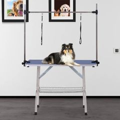 Metal Adjustable Dog Grooming Table Rubber Top 2 Safety Slings Mesh Blue