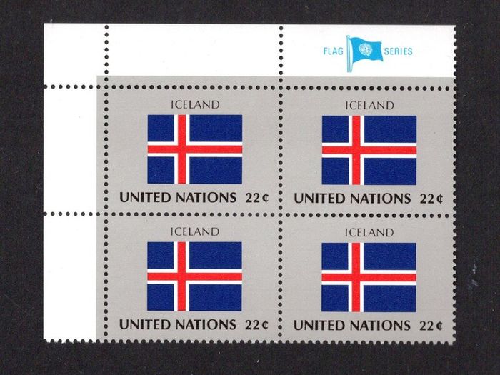 1986 United Nations New York Iceland National Flag (part of flag series) Block of 4 Mint Never Hinged (MNH)