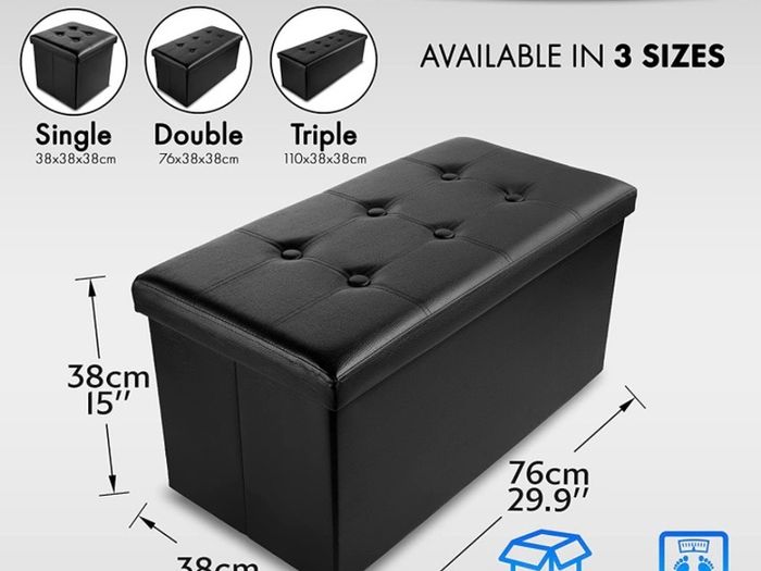 Faux Leather 76x38x38cm Black Ottoman Foldable Storage Boxes Seat Foot Stool Storage Box with Lids for Kids Toys, Bedroom, Hallway, Living Room (FREE POSTAGE)