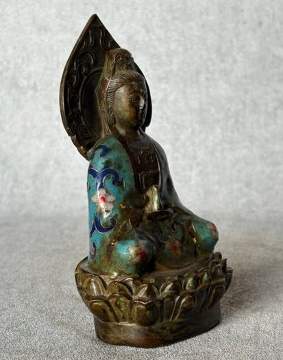 Cloisonne Guanyin Sitting On A Lotus Throne - Enameled  Bronze, Signed