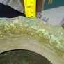 Antique Copper Jardiniere Planter, likely dating from around 1880s to 1920s. It features a distinctive scalloped, or frilled, edge rim. The body is adorned with embossed floral and swag designs. Image 7
