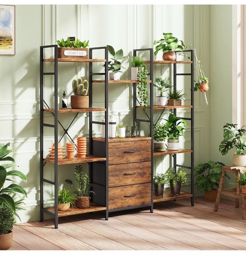 4-Tier Bookcase with Drawers, 100cm Wide Rustic Brown Shelving Unit 142cm Height, 10 Open Shelves + 3 Fabric Drawers, Industrial Rustic, For Living/Bedroom/Home Office, Large Storage