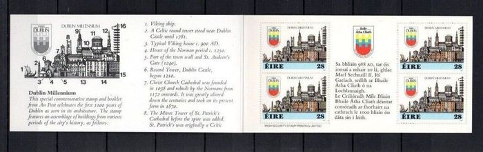 1988 Ireland Dublin Millennium Stamp Booklet Mint Never Hinged (MNH). Hibernian HB28.