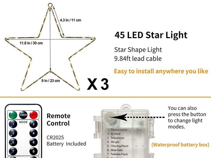 Christmas Window Lights, 3 Packs Battery Operated 45 LED Window Star Hanging Lights with 8 Modes & Remote for Christmas Bedroom Party Indoor Outdoor Decorations(Multicolor)