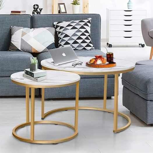 Round Coffee Tables, Removable Set of 2 End Table, Nesting Tables with Gold Metal Frame Legs and Marble White Top for Living Room, Bedroom, Office, Balcony, Apartment (FREE SHIPPING)