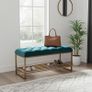 Teal Velvet Upholstered Bench with Gold Metal Shoe Rack Image 3