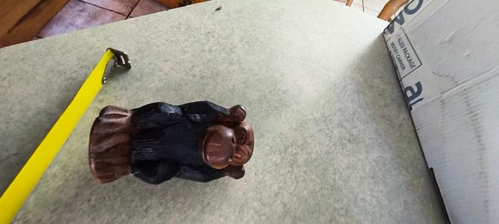 1970s Vtg. 5.5 inches Carved Wood Monkey Primitive Folk Art - Hear No Evil/MOP Eyes