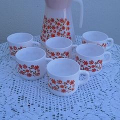 Vintage  1970s Arcopal France Milk Glass Jug and Cups Set