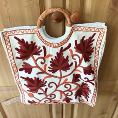 Embroidered cream orange floral Knitting craft bag with wicker handle