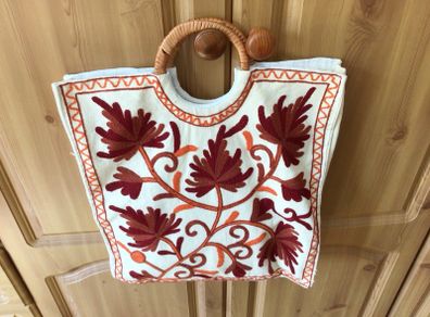 Embroidered cream orange floral Knitting craft bag with wicker handle