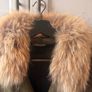 olive green faux-suede double-breasted coat featuring a prominent plush F U R colla Image 5