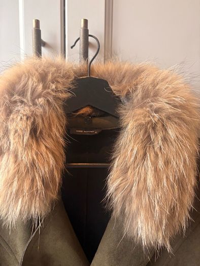 olive green faux-suede double-breasted coat featuring a prominent plush F U R colla