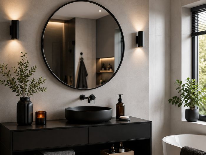 Black Round Wall Mirror 76 cm Modern Bathroom Mirror Aluminium Frame Vanity Hallway Bedroom Living Room