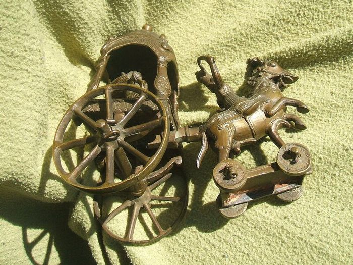 Antique INDIAN BRONZE TEMPLE TOY (Kutch style) - an exceptionally fine example with horse and rider with carriage (c.19th century)