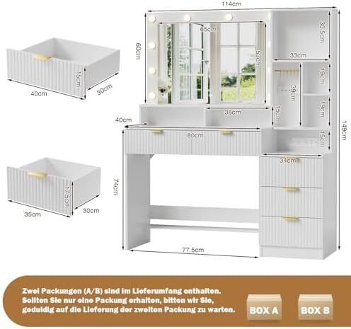 LED Dressing Table with Mirror and Light with LED Lighting with Sockets (AC, USB & Type-C), 5 Drawers, 7 Open Storage Spaces with Jewellery Hooks