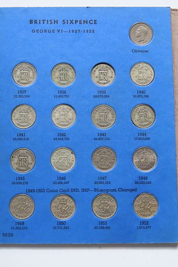 Great Britain Sixpence 1937 To 1967 [34 Coins Inc 10 x Silver Pre 47] Whitman Folder