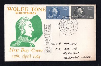 1964 Ireland Bi-Centenary of the Birth of Wolfe Tone (Patriot) Commemorative Stamps First Day Cover (FDC) with Baile Atha Cliath (Dublin) steele Cancel