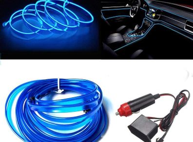 El Wire Blue Interior Car LED Strip Lights , 3m neon Wire 12V with Fuse Protection for Automotive Car Interior Decoration with 6mm Sewing Edge