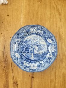 Rare Antique 1820 Minton "Tenby Rock" Series Blue Transferware Plate - Watermill Pattern