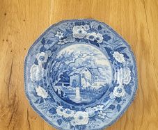 Rare Antique 1820 Minton "Tenby Rock" Series Blue Transferware Plate - Watermill Pattern