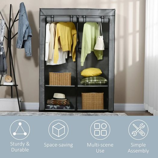 Portable Fabric Wardrobe with 4 Shelves & 2 Hanging Rails, Foldable Clothes Storage Cabinet