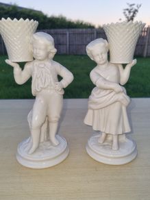 Belleek Pair of porcelain figurines Boy and Girl Basket Carriers / Water Carriers