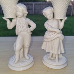 Belleek Pair of porcelain figurines Boy and Girl Basket Carriers / Water Carriers