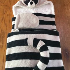 Child's cosy novelty raccoon hooded wrap fleece blanket.