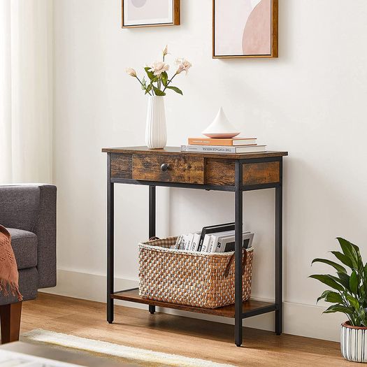 Console table, hall table with 2 levels, side table with drawer and shelf, 70 x 30 x 70 cm, steel frame, industrial design, vintage brown-black
